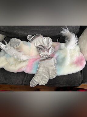 Pastel Unicorn Plush Dog Costume with Silver Wings